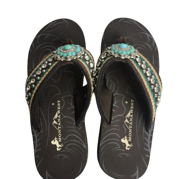 Montana West Sandals Womens Size 7 Brown Turquoise Wedge Flip Flop Rhinestone - Picture 10 of 11